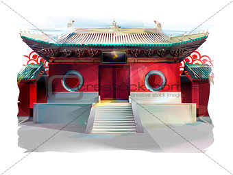 Chinese Temple. Watercolor Illustration