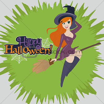Vector Illustration of a Halloween witch flying on a broomstick