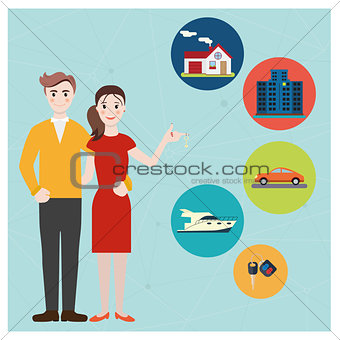 Young family hold a key buying a home, car, yacht