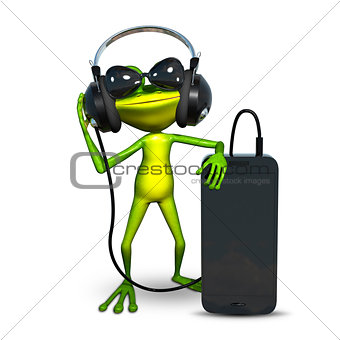 3D Illustration of a Frog with Headphones with Smartphone