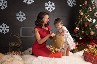 Happy family with gifts.Christmas decoration