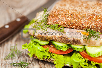 Tasty rye bread sandwiches with roast meat and vegetables