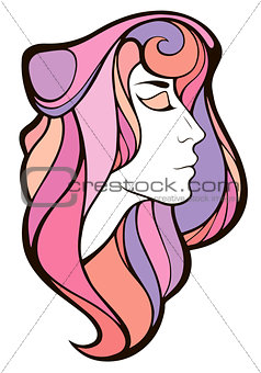 Vector decorative portrait of shaman girl with rainbow long hair