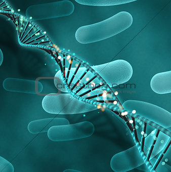 3D medical background with blood cells and DNA strand