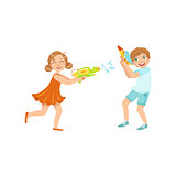 Boy And Girl Playing Water Pistols Fight
