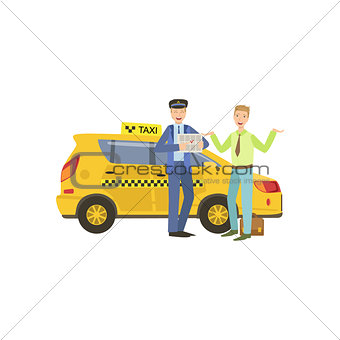 Taxi Driver Meeting A Client In Airport Standing Next To Yellow  Car