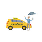Old Man With Umbrella Signaling To Yellow Taxi Car