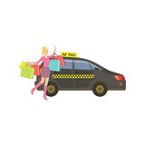 Woman With Many Shopping Bags Catching Black Taxi Car