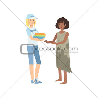 Girl Volunteer Giving Clean Clothes To Poor Woman