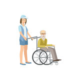 Volunteer Rolling Old Man In Wheelchair