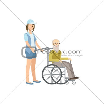 Volunteer Rolling Old Man In Wheelchair