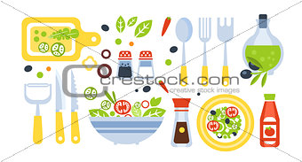 Salad Preparation Set Of Utensils Illustration