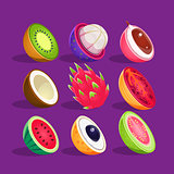 Tropical Fruits Sliced In Half Set Of Bright Icons