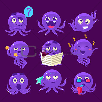 Blue Octopus Emoji Vector Set