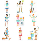 Hotel Professional Maids With Cleaning Equipment Set Of Illustrations
