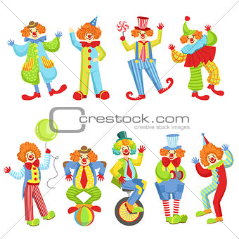 Set Of Colorful Friendly Clowns In Classic Outfits