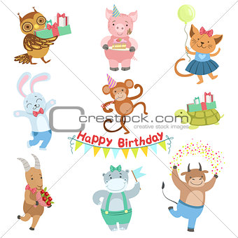 Cute Animal Characters Attending Birthday Party Celebration Set