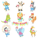 Humanized Animal Characters Attending Birthday Party Celebration Set