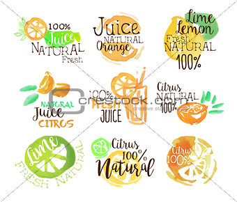 Natural Citrus Juice Promo Signs Colorful Set