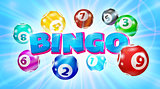 Lotto balls around the word Bingo glowing blue background