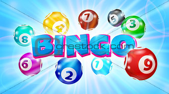 Lotto balls around the word Bingo glowing blue background
