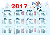 Blue Rooster symbol 2017 and calendar. Cartoon Cock chicken skiing