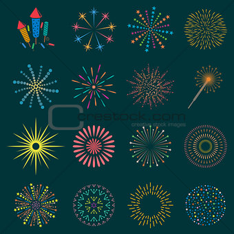 Firework icon set with petard, stars. Festival
