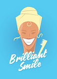 Poster with woman smiling. White healthy teeth, toothbrush or toothpaste advertisement. Retro style. Denist service, stomatology