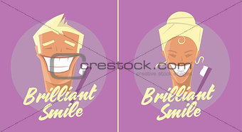 Poster with man and woman smiling. White healthy teeth, toothbrush or toothpaste advertisement. Retro style. Denist service, stomatology