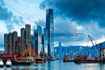 Hong Kong Harbor with cargo ship