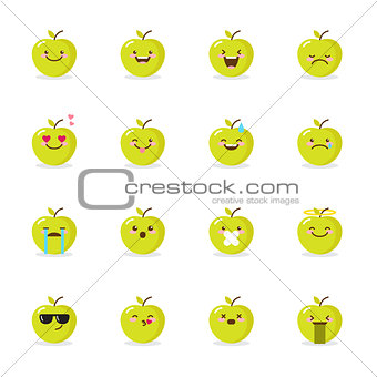 Vector green apple emoji set. Funny emoticons.