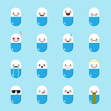 Vector medicine pill emoji set. Funny emoticons.