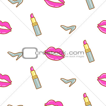 Lipstick, lips and shoe line icon seamless pattern.