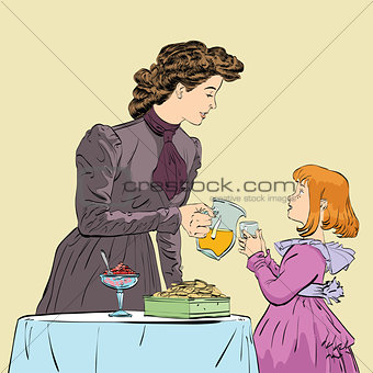 Aristocrat mother pouring her daughter a juice