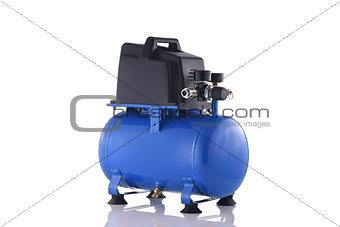 Mini blue compressor side view isolated on white background