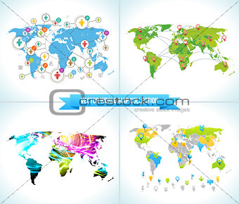 Social Network. Various shapes sparkling Pictograms set. Collection Flat Design concept with World Maps. Team  Chatting by  Media. Ribbon  Text