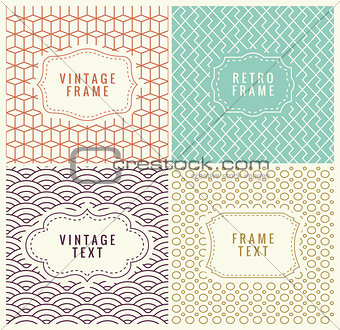 Retro Mono Line Frames with place for Text. Vector Design Template, Labels, Badges on Seamless Geometric Patterns. Minimal Textures. Backgrounds