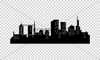 Vector City Silhouette. Black color. Panorama of Megapolis . Skyscrapers in the Night with Lights in the Windows