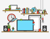 Line flat design mock up of modern workspace. Vector illustrations  posters, lamp, pencils, globe, winner cup, banners, speakers, cactus, coffee, tee, journals. Isolated pictograms and icons