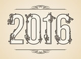 Calligraphic Year number 2016. Vector Design Background. Swirl Illustration
