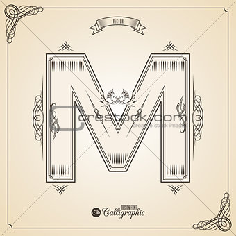 Calligraphic Fotn with Border, Frame Elements and Invitation Design Symbols. Collection of Vector glyph. Certificate Decor. Hand written retro feather Symbol. Letter M