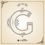 Calligraphic Fotn with Border, Frame Elements and Invitation Design Symbols. Collection of Vector glyph. Certificate Decor. Hand written retro feather Symbol. Letter G