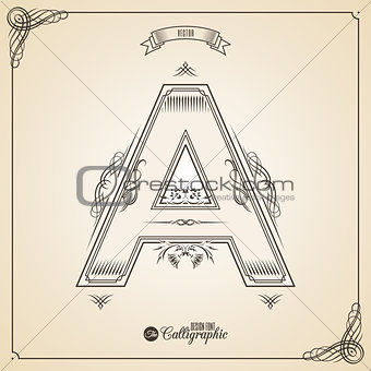 Calligraphic Fotn with Border, Frame Elements and Invitation Design Symbols. Collection of Vector glyph. Certificate Decor. Hand written retro feather Symbol. Letter A