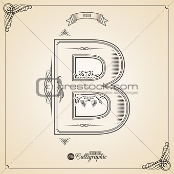 Calligraphic Fotn with Border, Frame Elements and Invitation Design Symbols. Collection of Vector glyph. Certificate Decor. Hand written retro feather Symbol. Letter B