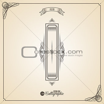 Calligraphic Fotn with Border, Frame Elements and Invitation Design Symbols. Collection of Vector glyph. Certificate Decor. Hand written retro feather Symbol. Letter I
