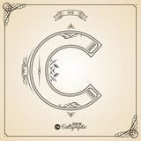 Calligraphic Fotn with Border, Frame Elements and Invitation Design Symbols. Collection of Vector glyph. Certificate Decor. Hand written retro feather Symbol. Letter C