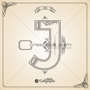 Calligraphic Fotn with Border, Frame Elements and Invitation Design Symbols. Collection of Vector glyph. Certificate Decor. Hand written retro feather Symbol. Letter J