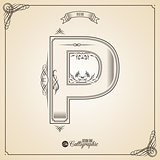 Calligraphic Fotn with Border, Frame Elements and Invitation Design Symbols. Collection of Vector glyph. Certificate Decor. Hand written retro feather Symbol. Letter P