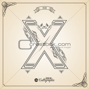 Calligraphic Fotn with Border, Frame Elements and Invitation Design Symbols. Collection of Vector glyph. Certificate Decor. Hand written retro feather Symbol. Letter X