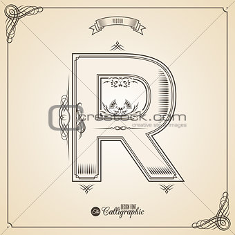Calligraphic Fotn with Border, Frame Elements and Invitation Design Symbols. Collection of Vector glyph. Certificate Decor. Hand written retro feather Symbol. Letter R